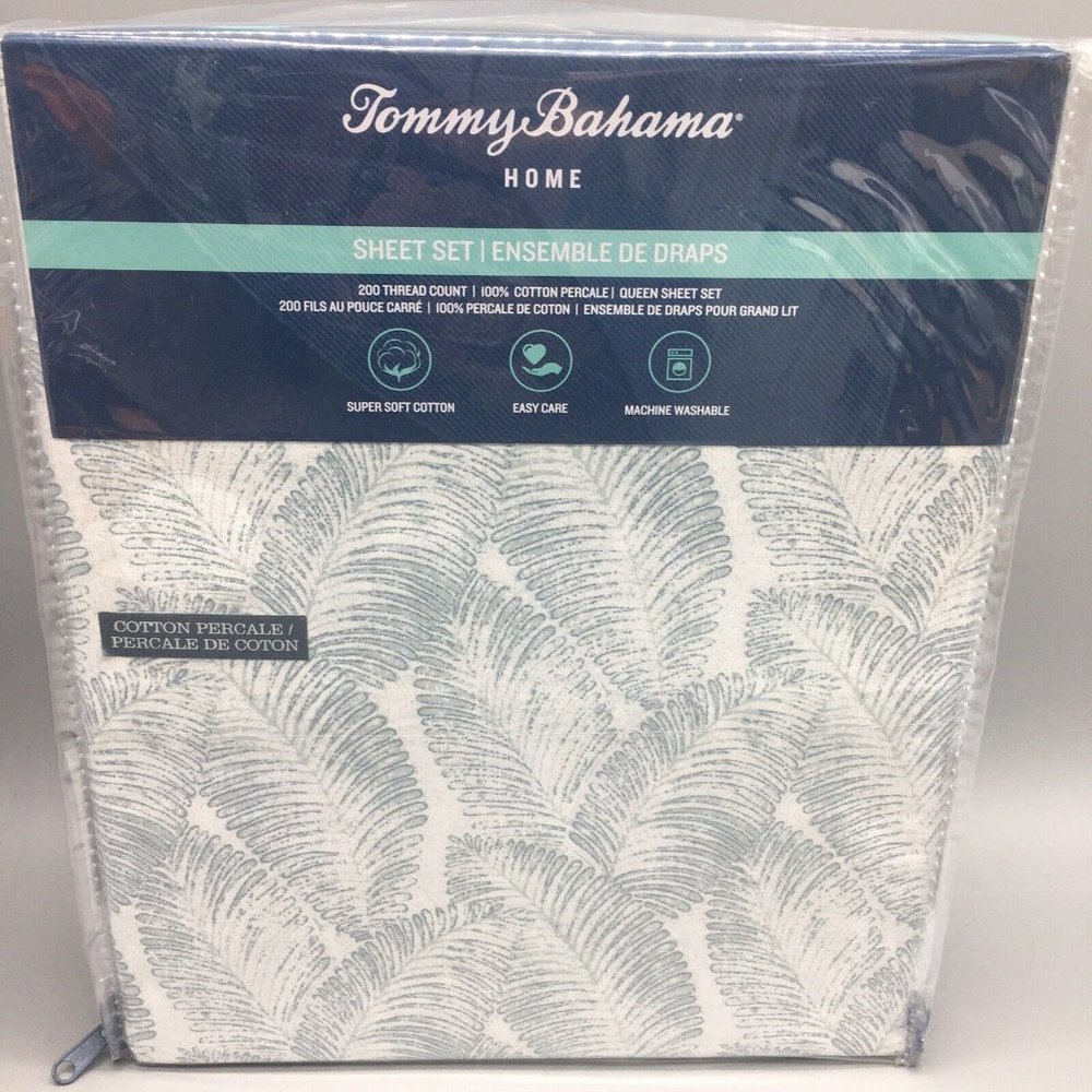 4pc Tommy Bahama Water Leaves Palm Frond QUEEN Sheet Set Tropical Hawaiian Blue